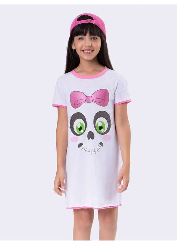 Camisola Manga Curta Infantil Caveira Charmosa Brilha no Escuro Branco