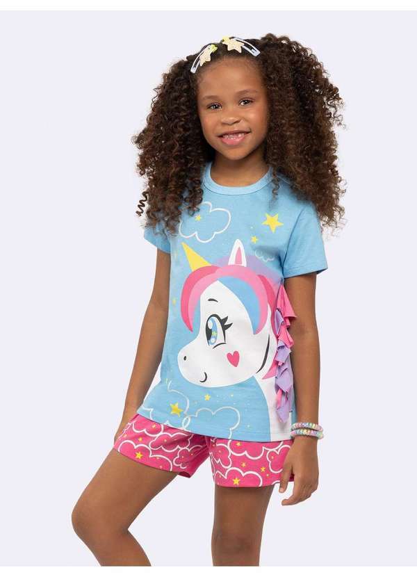 Pijama Infantil Manga Curta Unicórnio com Estampa Glitter Azul