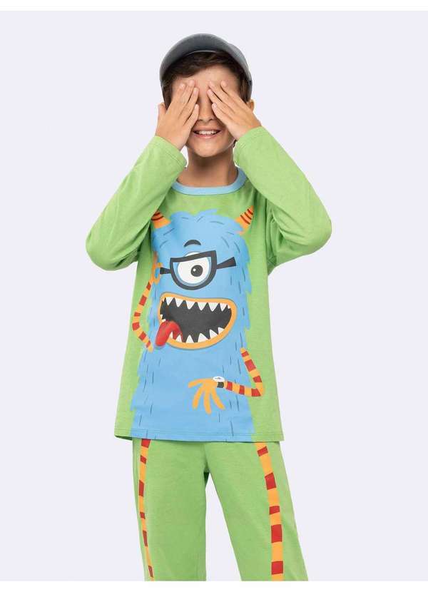 Pijama Infantil Manga Longa Monstrinho com Estampa que Brilha no Verde