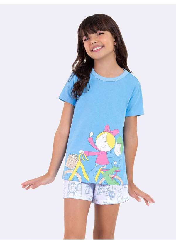 Pijama Manga Curta Infantil Turma da Bia Bike Azul