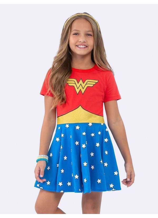 Camisola Manga Curta Infantil Mulher Maravilha Brilha no Escuro Vermelho