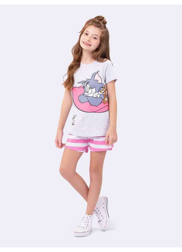 Pijama Manga Curta Infantil Listrado Rosa Tom And Jerry Cinza