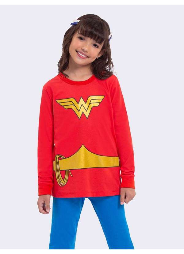 Pijama Manga Longa Slimfit Mulher Maravilha Vermelho