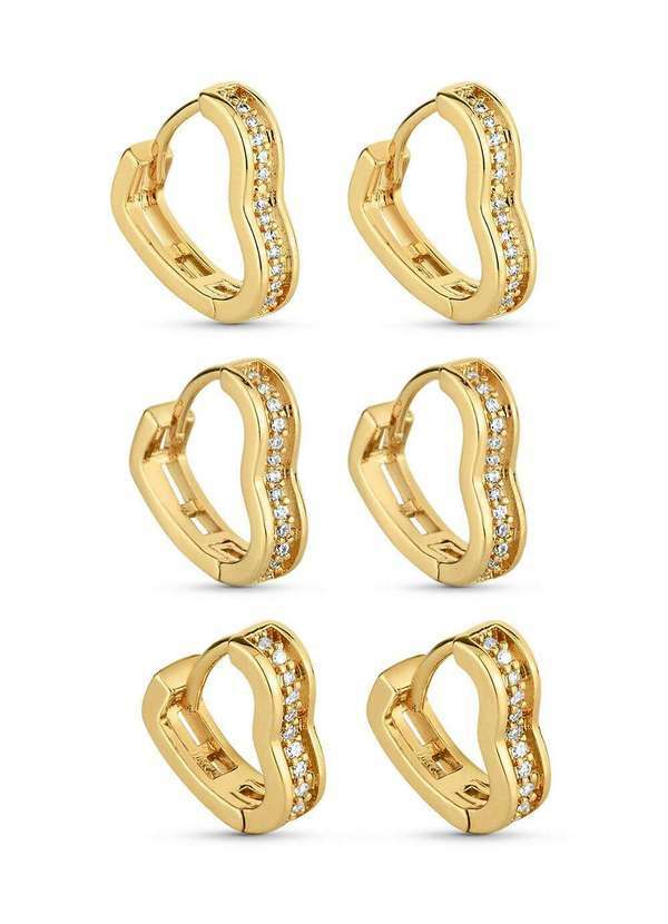 Trio de Brincos Semijoia Argolas Coração com Zircônias - Dourado