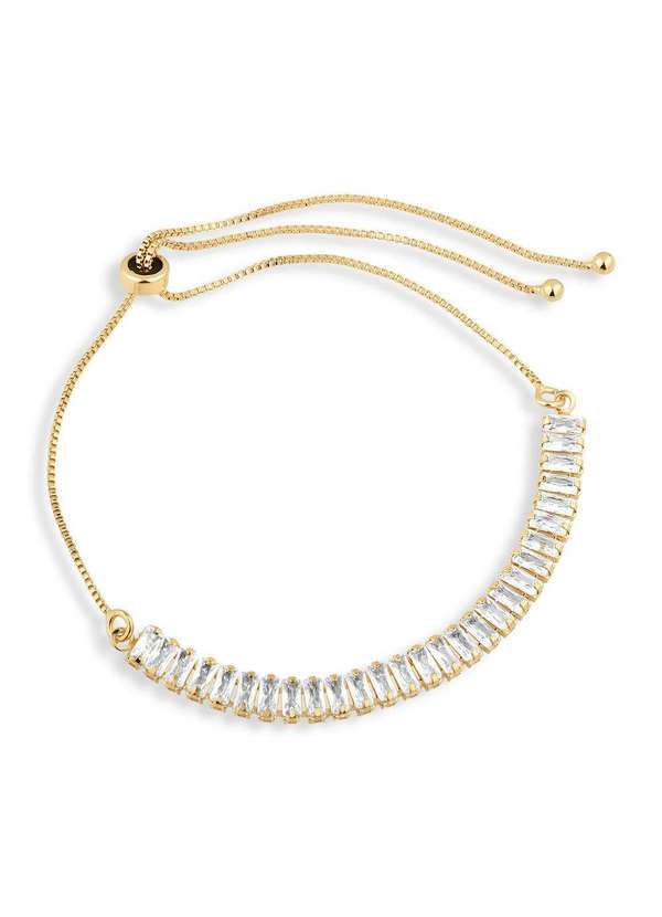 Pulseira Semijoia Regulável com Zircônias Baguete Cristal - Dourado