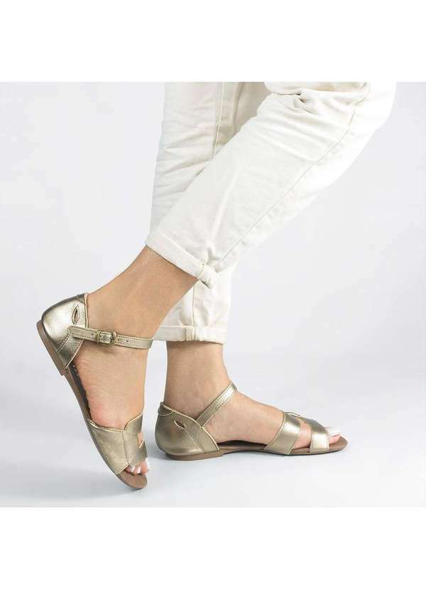 Sandalia Rasteira Flat Couro Mercedes Dourado