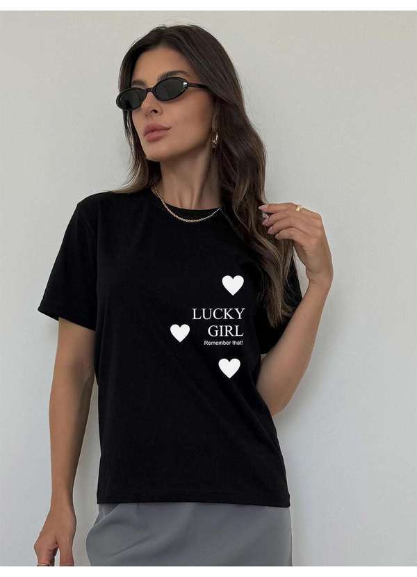 Camiseta Feminina Preta Corações Lucky Girl - Preta