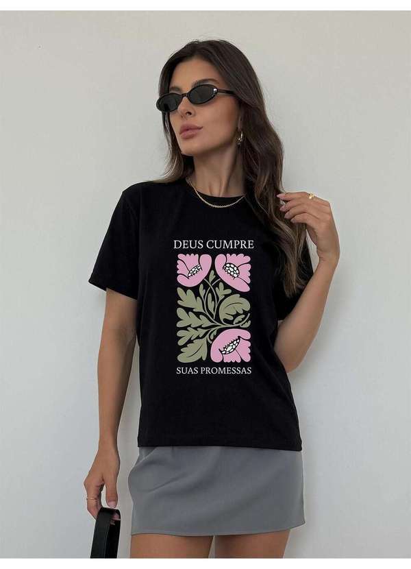 Camiseta Feminina Preta Deus Cumpre Suas Promessas - Preto