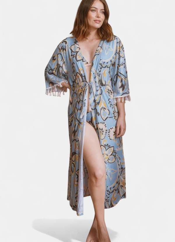 Kimono Areia Branca Baly Floral Azul