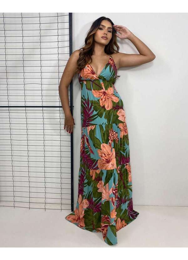 Vestido Sophia - Floral Fundo Azul Turquesa Multicores