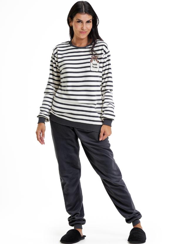 Pijama Adulto em Fleece Feminino - Teddy Listrado