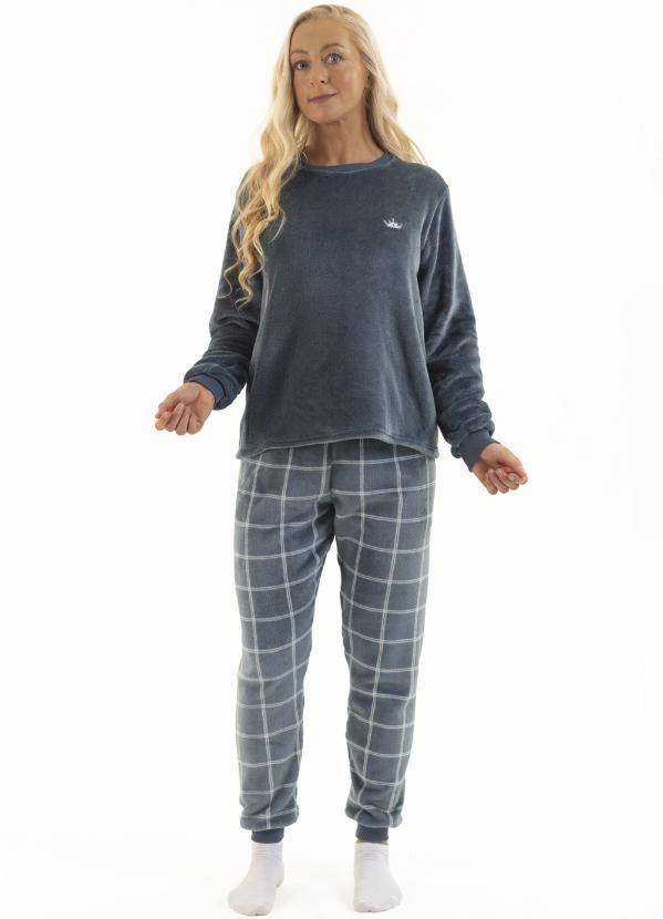 Pijama Adulto em Fleece Feminino - Xadrez Azul Básico