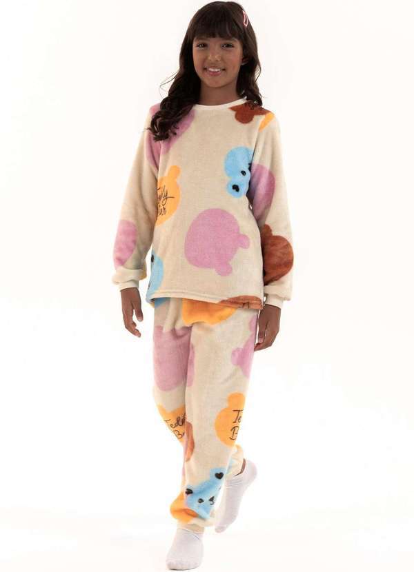 Pijama Infantil em Fleece Feminino - Ursinhos Doces Bege