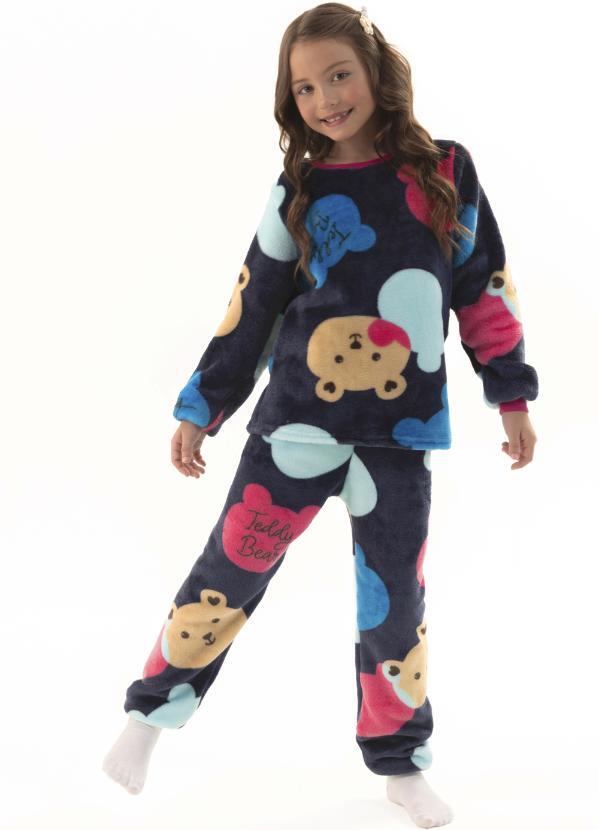 Pijama Infantil em Fleece Feminino - Ursinhos Doces Marinho