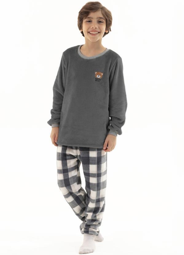 Pijama Infantil em Fleece Unissex - Família Urso Xadrez Chumbo