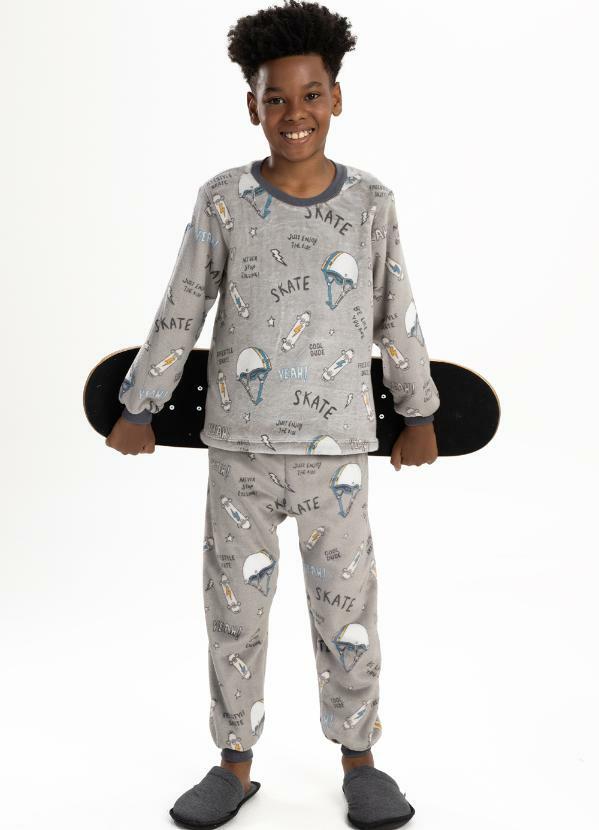 Pijama Infantil em Fleece Masculino - Skate Cinza