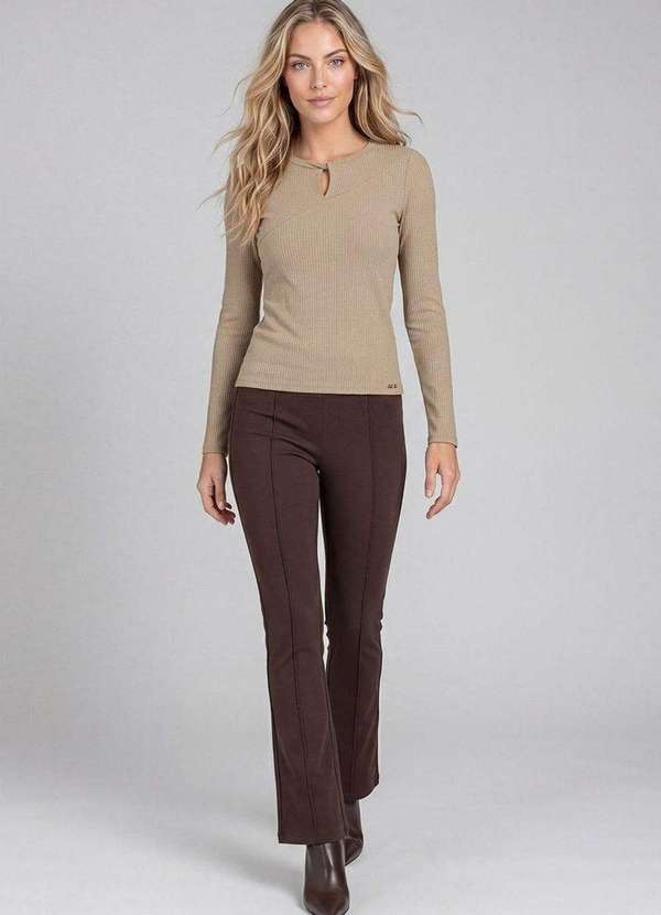 Blusa Feminina em Ribana Canelada Decote Gota Bege