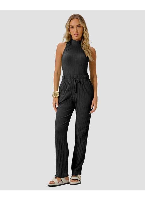 Blusa Feminina Gola Alta em Cotton Canelado Preto