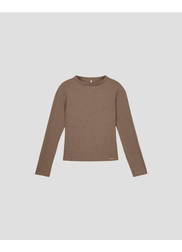 Blusa Feminina Manga Longa Canelada com Retilínea Marrom