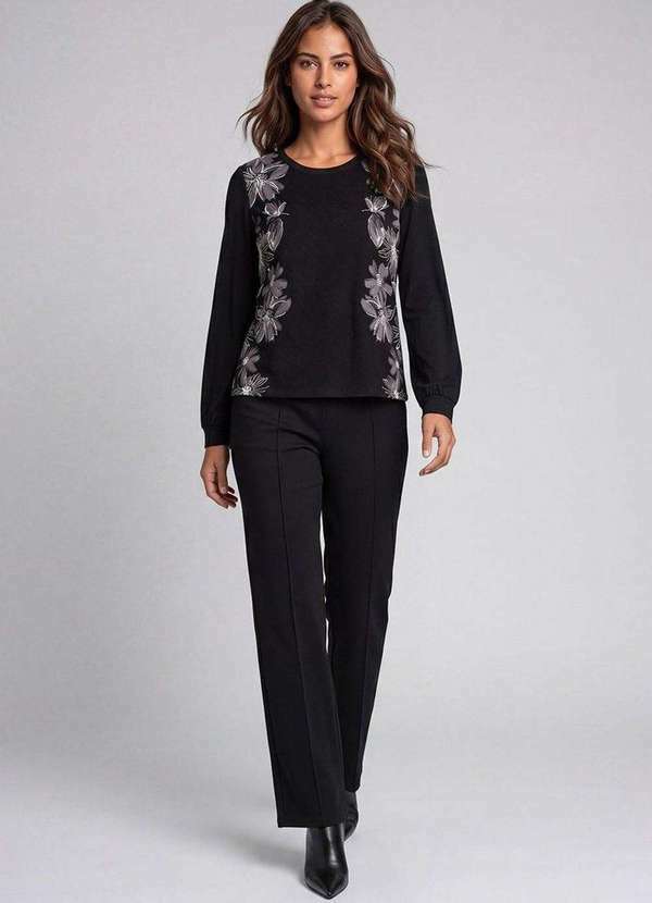 Blusa Feminina Manga Longa com Estampa Floral Preto