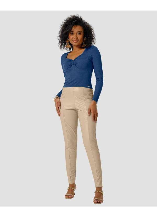 Blusa Feminina Manga Longa Decote com Franzido Azul