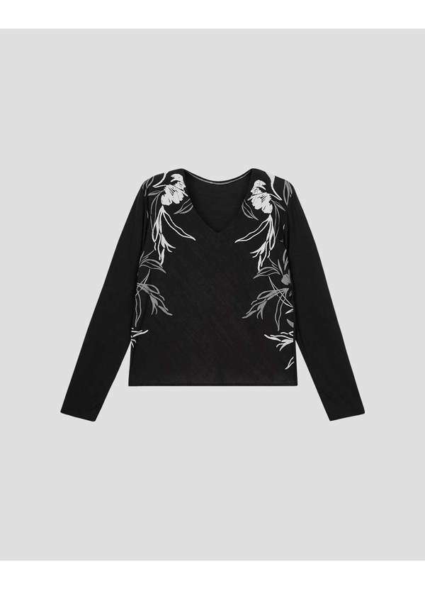 Blusa Feminina Manga Longa Estampa Floral Preto