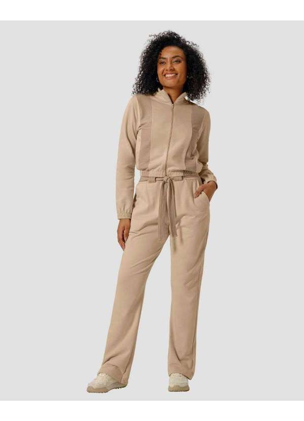 Calça Feminina em Moletom com Faixa e Bolso - Bege