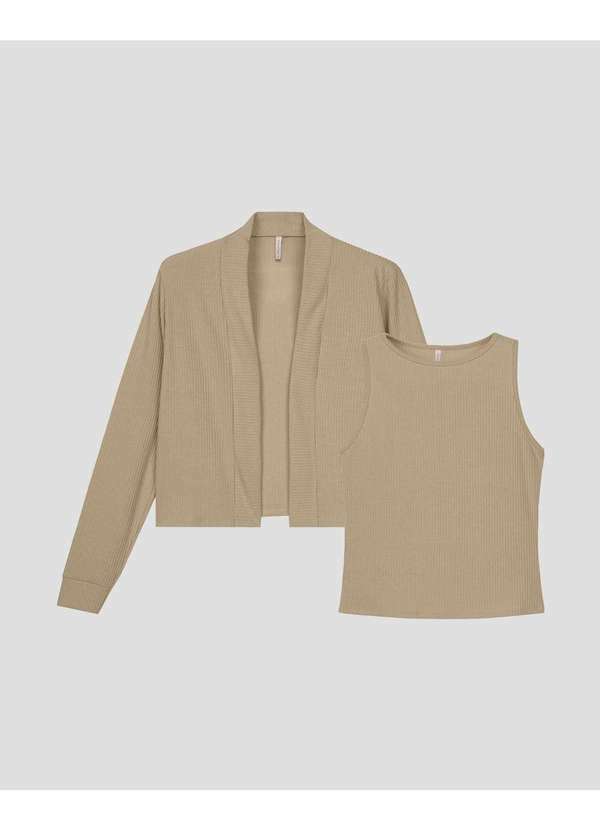 Conjunto Feminino Regata e Cardigan Canelado Bege