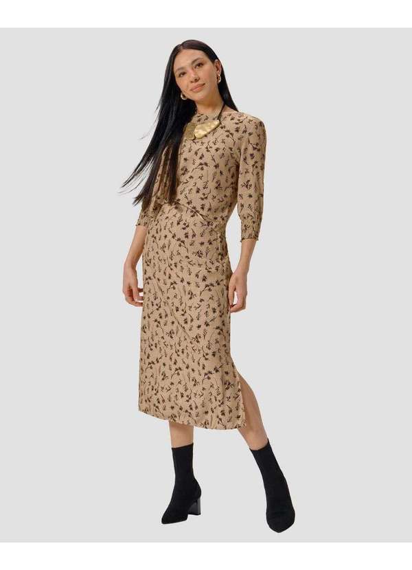 Saia Midi em Viscose Estampada com Abertura Bege