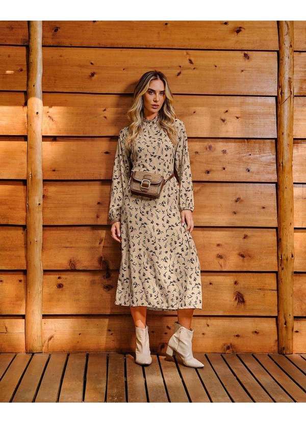 Vestido Midi Estampado Manga Longa em Viscose Bege