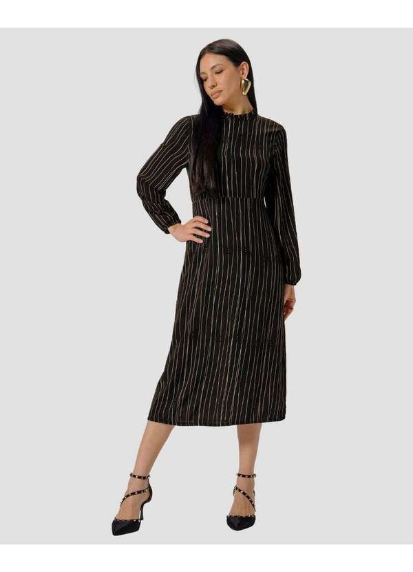 Vestido Midi Estampado Manga Longa em Viscose Preto