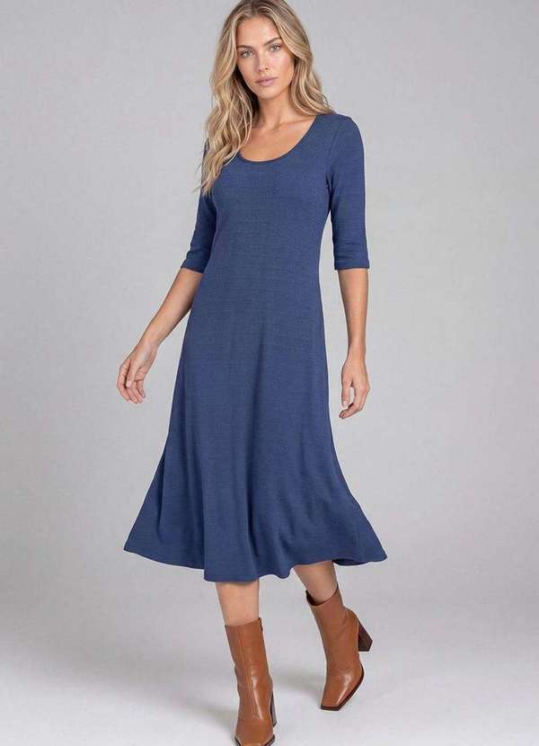 Vestido Midi Feminino em Viscose Manga 3/4 Azul