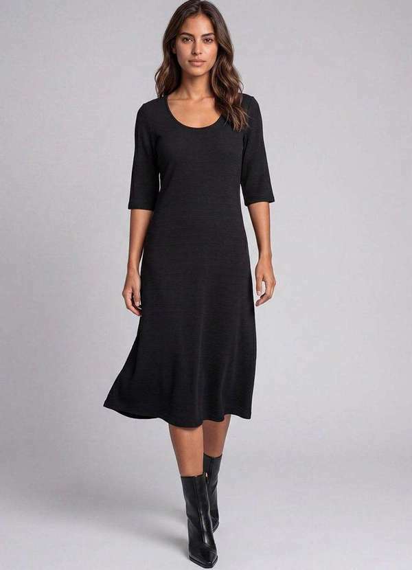 Vestido Midi Feminino em Viscose Manga 3/4 Preto