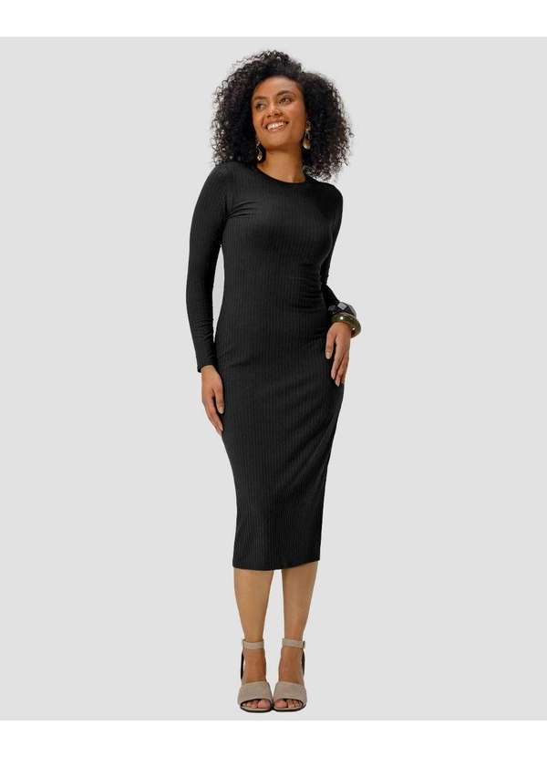 Vestido Midi Manga Longa Canelado com Retilínea Preto