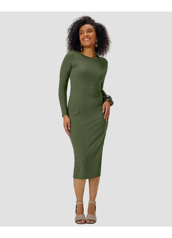 Vestido Midi Manga Longa Canelado com Retilínea Verde
