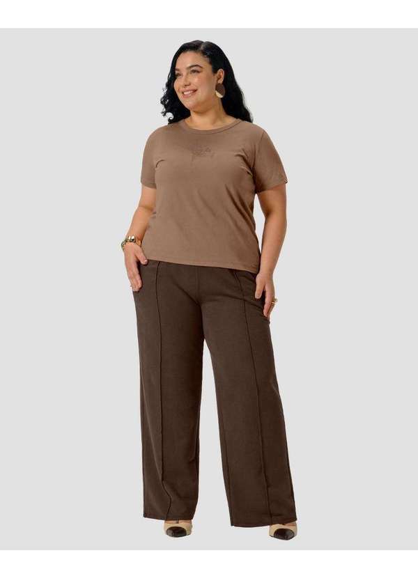Blusa Feminina Plus Size em Meia Malha com Estampa Marrom