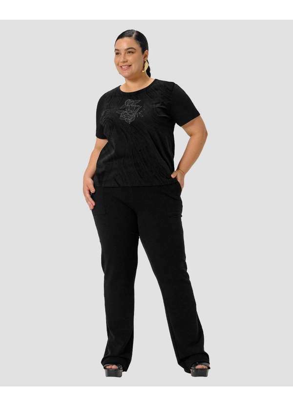 Blusa Feminina Plus Size Manga Curta Estampada - Preto