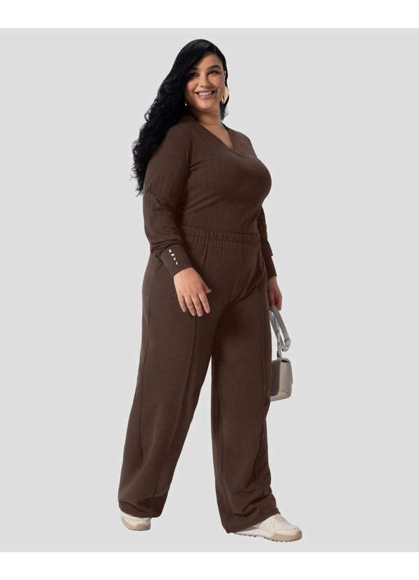 Blusa Feminina Plus Size Manga Longa Canelada Marrom