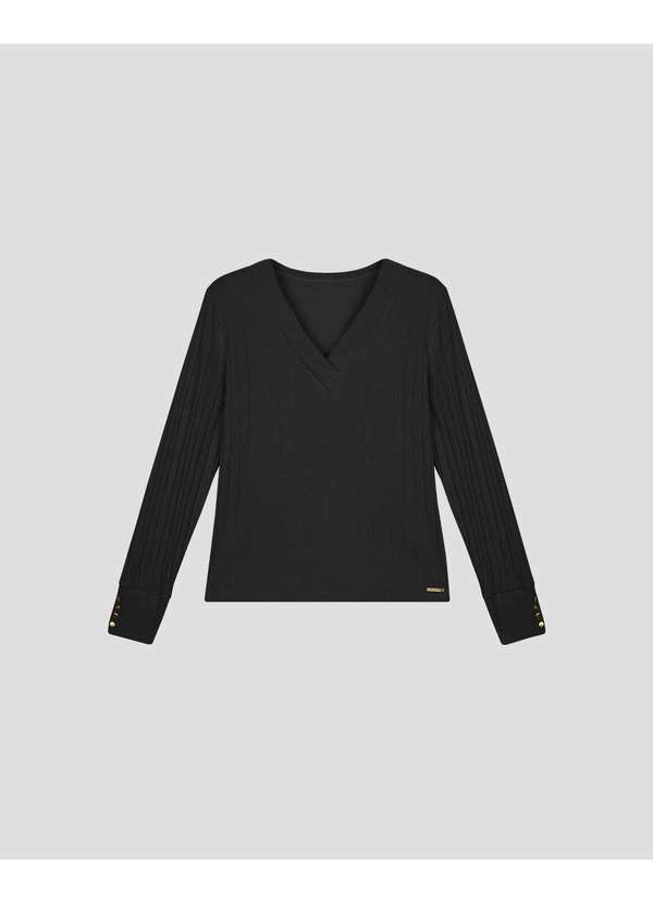 Blusa Feminina Plus Size Manga Longa Canelada Preto