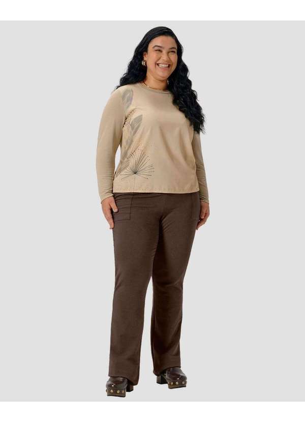 Blusa Feminina Plus Size Manga Longa com Estampa Bege