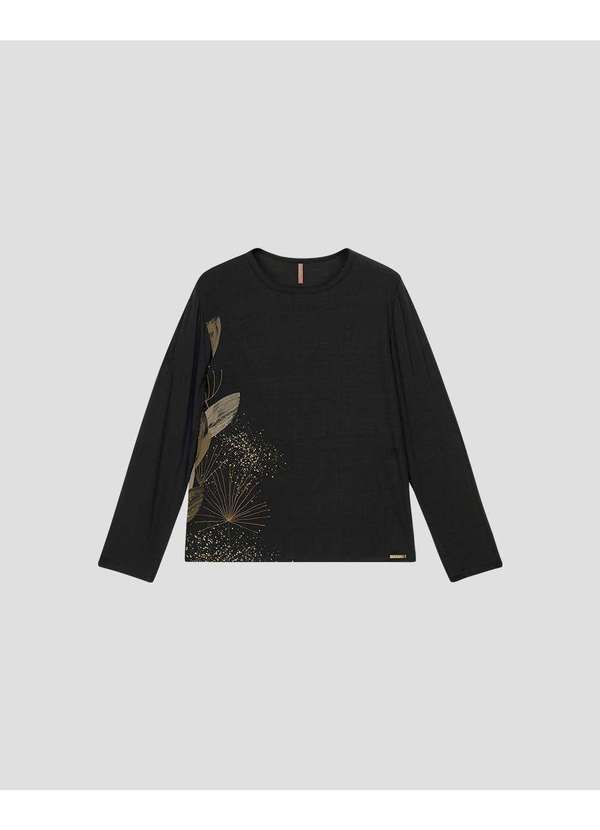 Blusa Feminina Plus Size Manga Longa com Estampa Preto