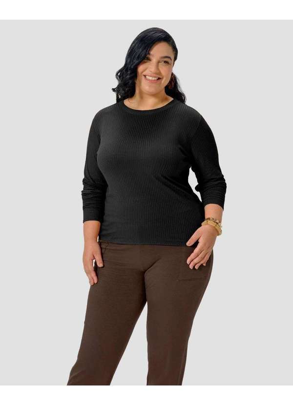 Blusa Feminina Plus Size Manga Longa com Retilínea Preto