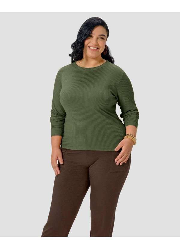 Blusa Feminina Plus Size Manga Longa com Retilínea Verde