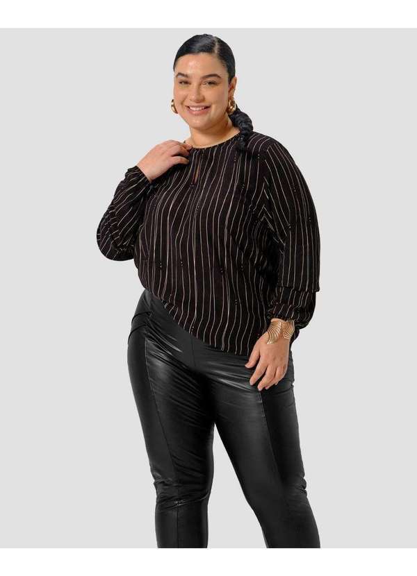 Blusa Feminina Plus Size Manga Longa Estampada Preto