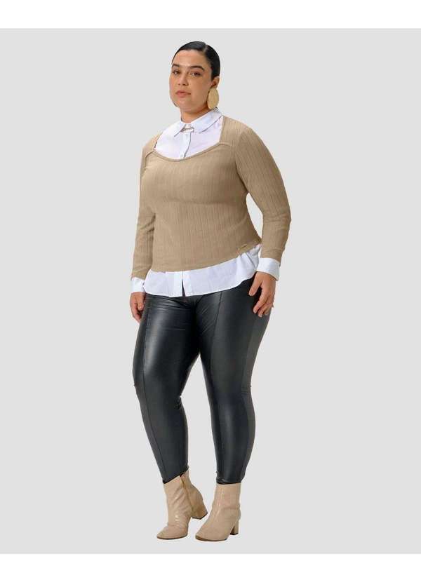 Blusa Plus Size Manga Longa Canelada Bege