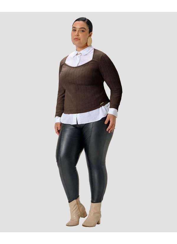 Blusa Plus Size Manga Longa Canelada Marrom