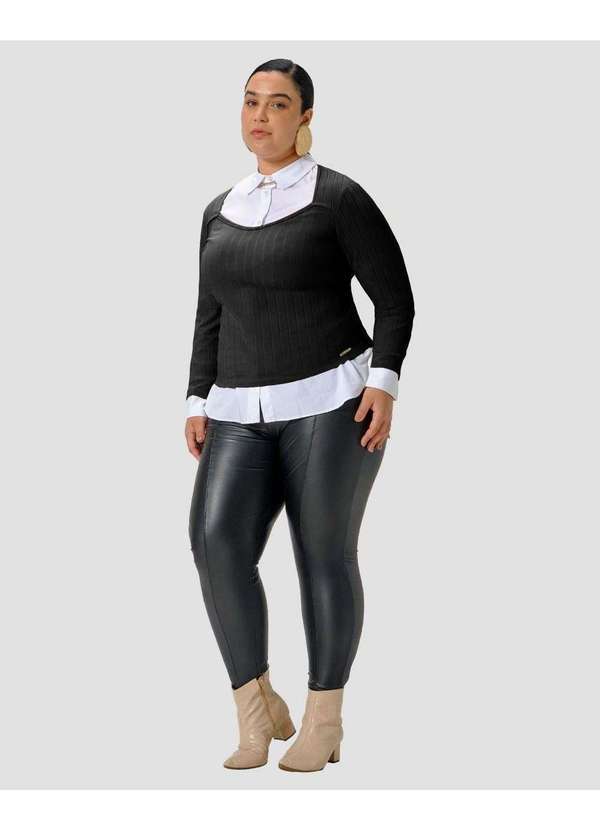 Blusa Plus Size Manga Longa Canelada Preto