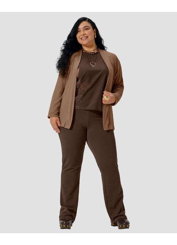 Cardigan Feminino Plus Size em Viscose Canelada Marrom