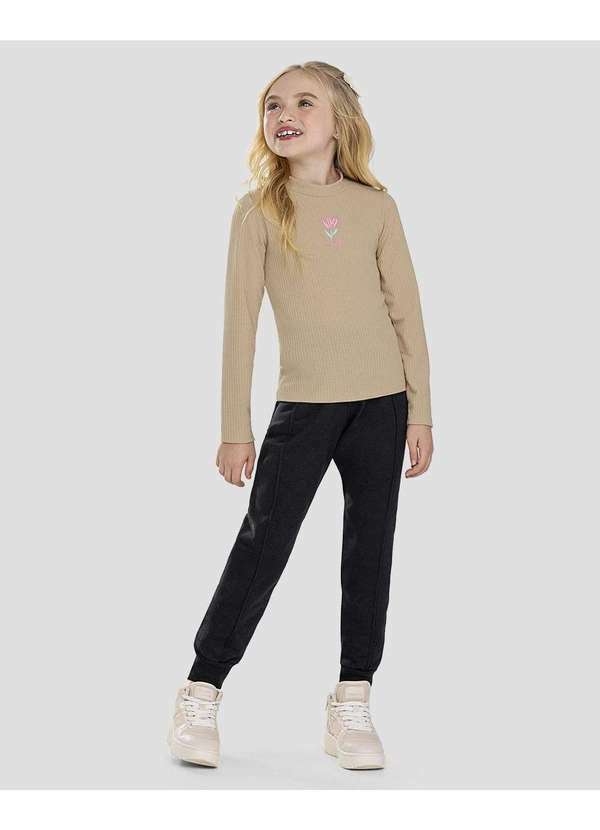 Blusa Infantil Manga Longa Canelada com Estampa Bege