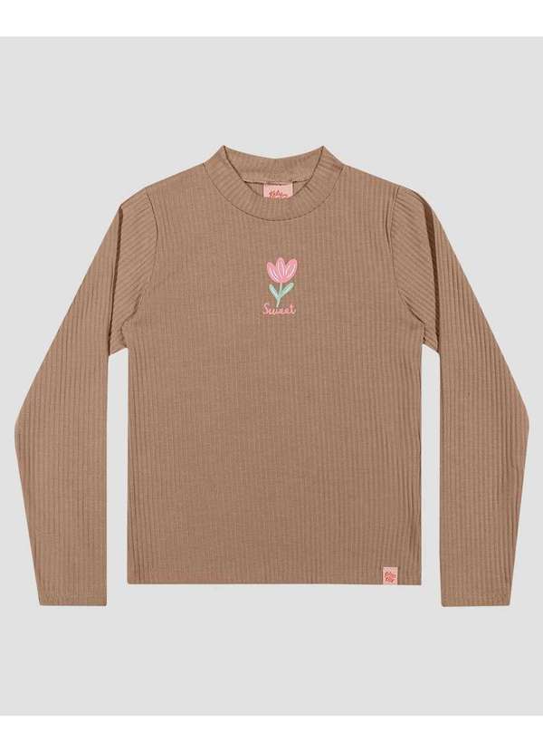 Blusa Infantil Manga Longa Canelada com Estampa Marrom
